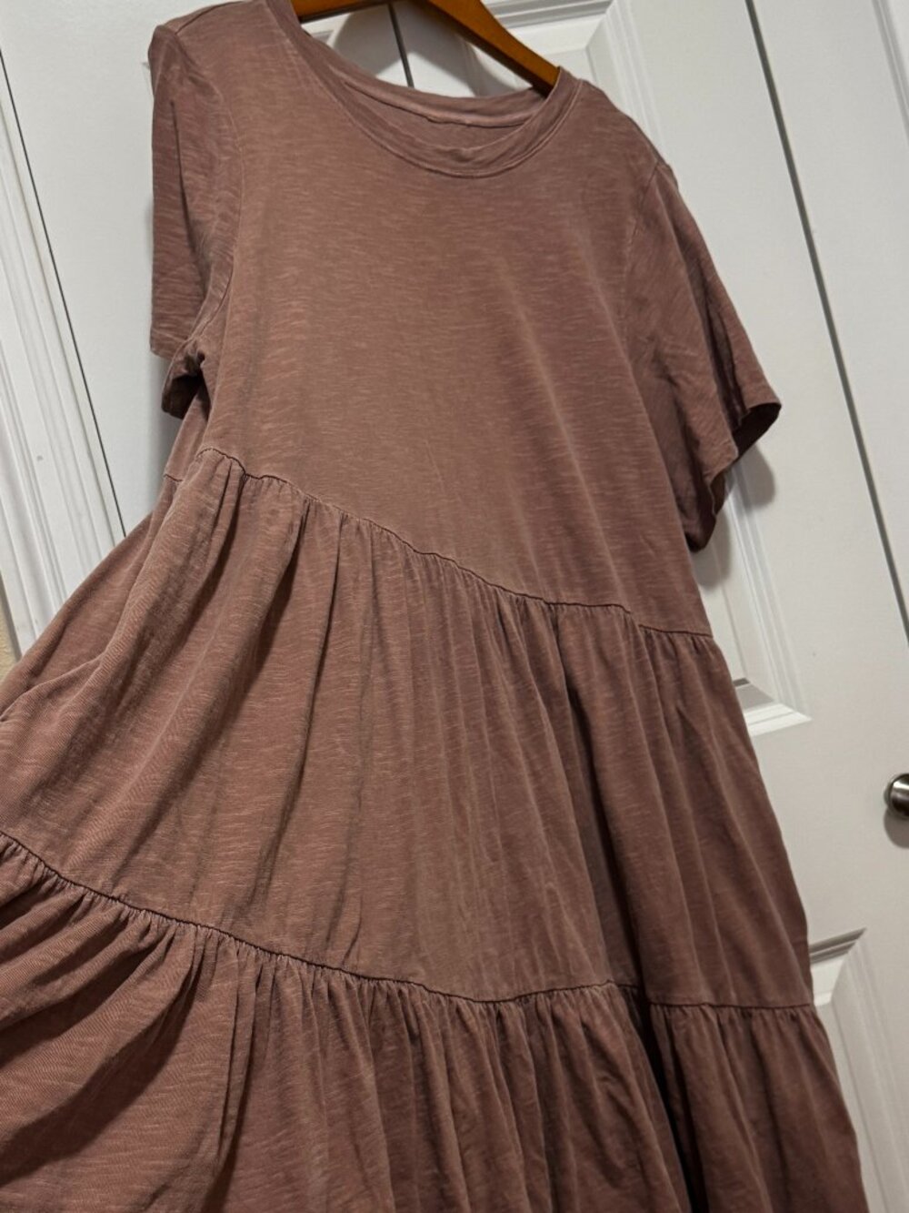 Cotton Tiered Babydoll Midi Dress XL Dusty Rose Short Sleeve Pockets Casual Boho